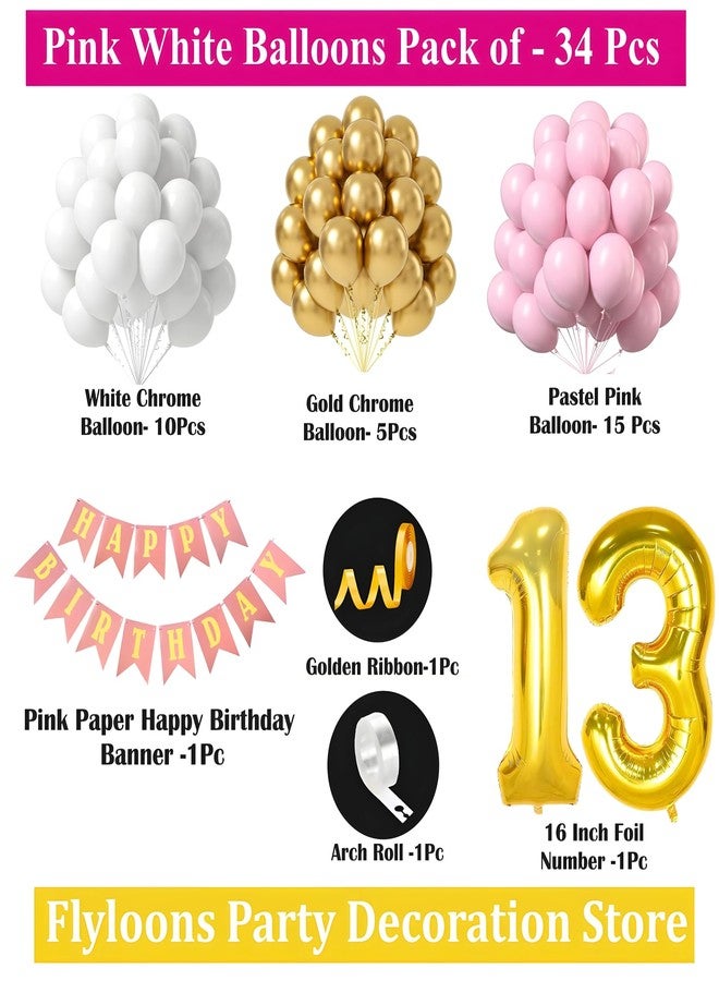 Flyloons 13th Birthday Decoration Items Pink and White Theme Combination for Girls Princes | 30 Pcs Pink White Gold Balloons | Pink Happy Birthday Paper Banner | Arch Tape - Image 2